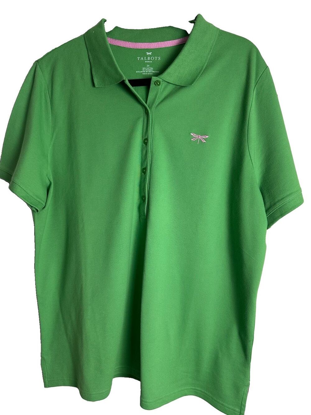 Talbots Green & Pink Dragon Fly 2X Polo Shirt Short Sleeve Preppy
